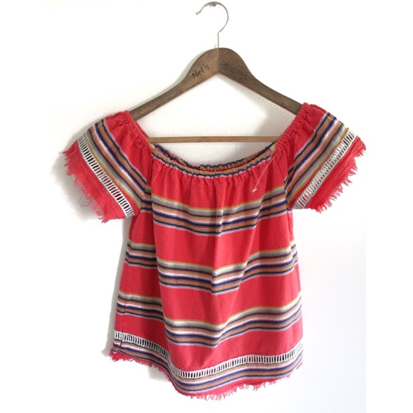 Anthro dRA Off Shoulder Striped Top with Boho Fringe Hem XS Preowned - Picture 2 of 10